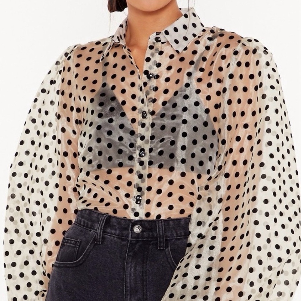 Sheer Polka Dot Organza Blouse Balloon Sleeve Button Down Top Black Cream